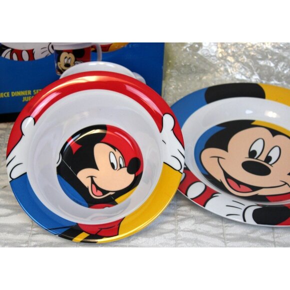 Vtg 90s Disney Dinner Set Color Block Mickey Plate Bowl Cup Fork Spoon Melamine - Picture 3 of 14